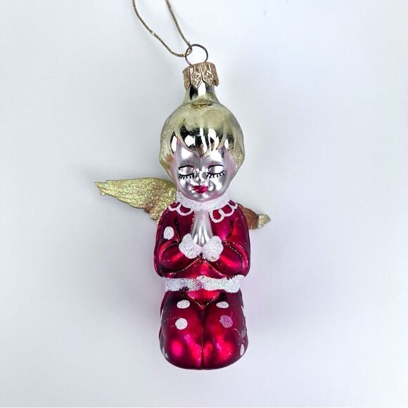 Vintage Vetro Soffiato a Boca Angel Ornament, Italian Glittered Red Angel Girl - Picture 1 of 5
